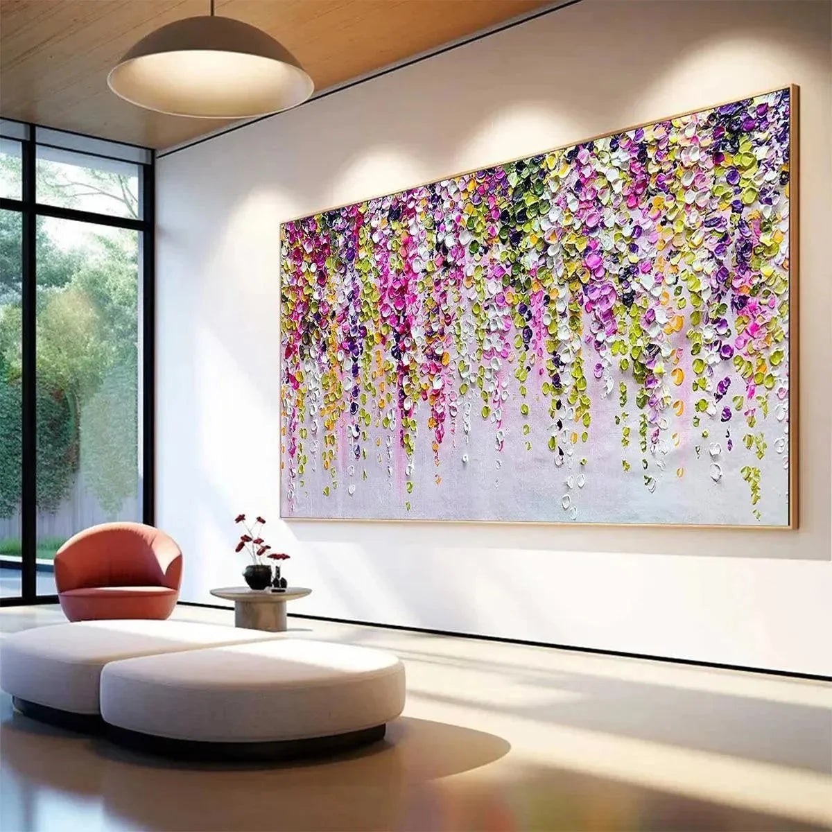 WISTERIA CASCADE | gold frame stretched on neutral wall