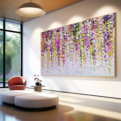 WISTERIA CASCADE | gold frame stretched on neutral wall