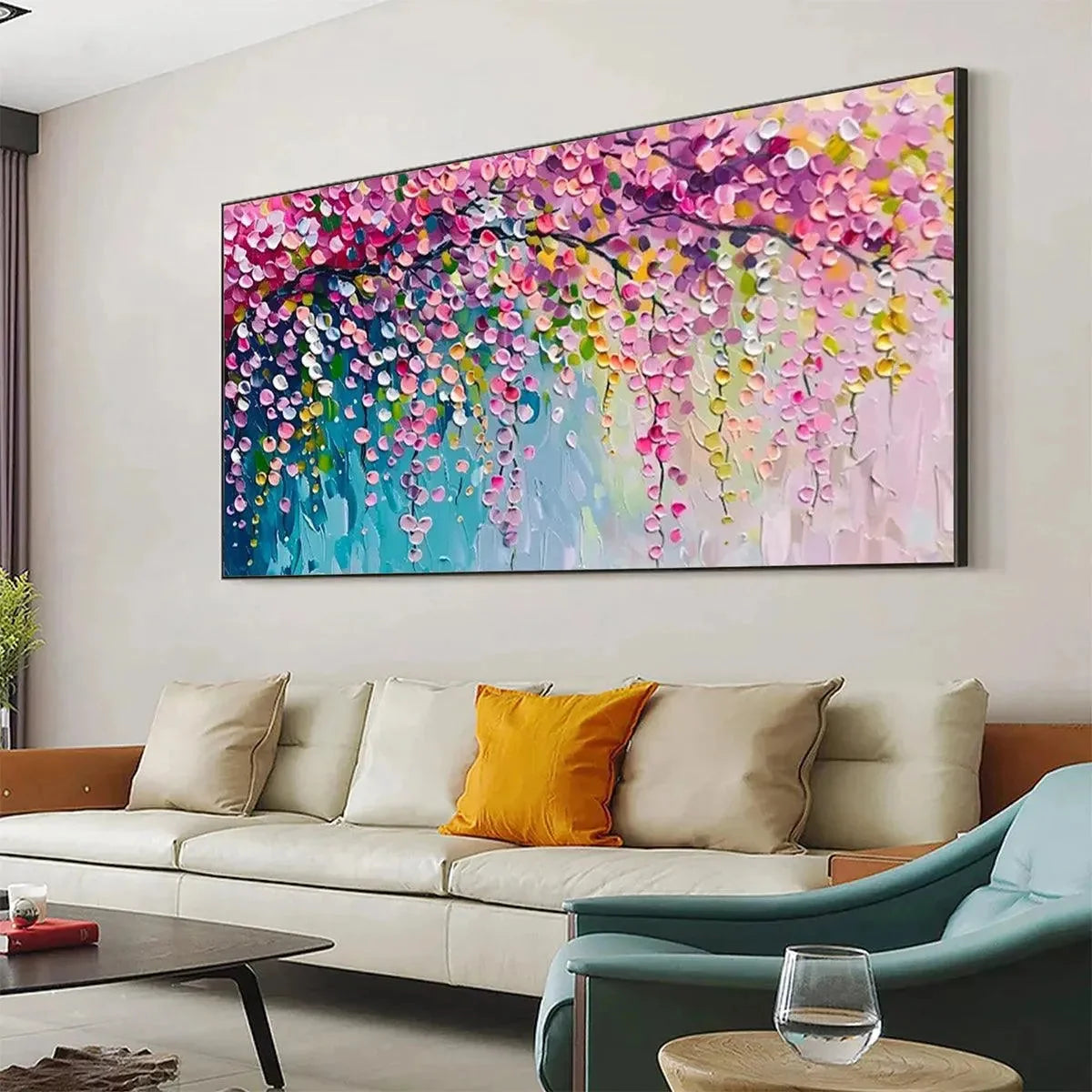 WISTERIA CASCADE | gold frame stretched on neutral wall