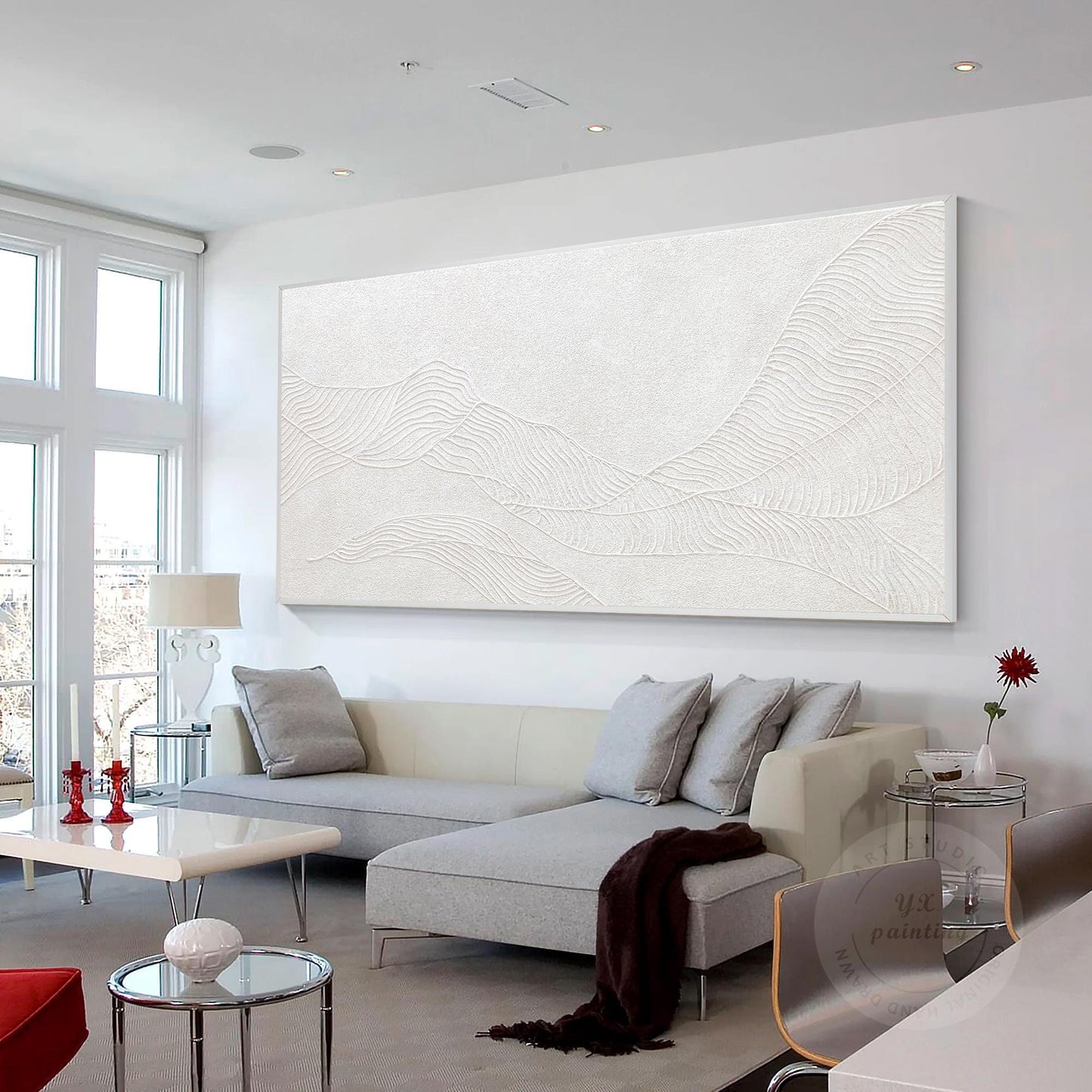 Witte bergschildering met 3D-structuur: abstracte, minimalistische oversized muu #3