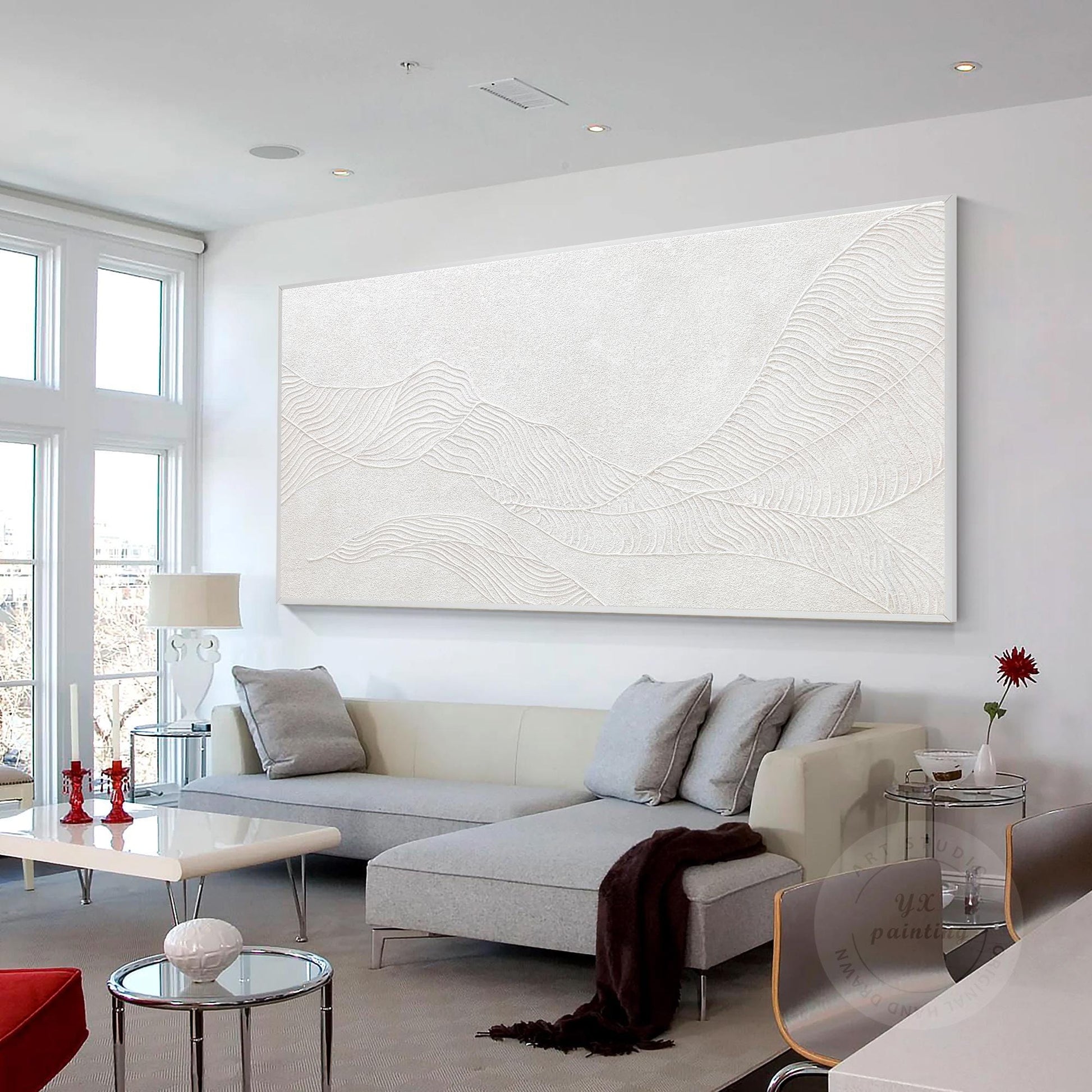 Witte bergschildering met 3D-structuur: abstracte, minimalistische oversized muu #3