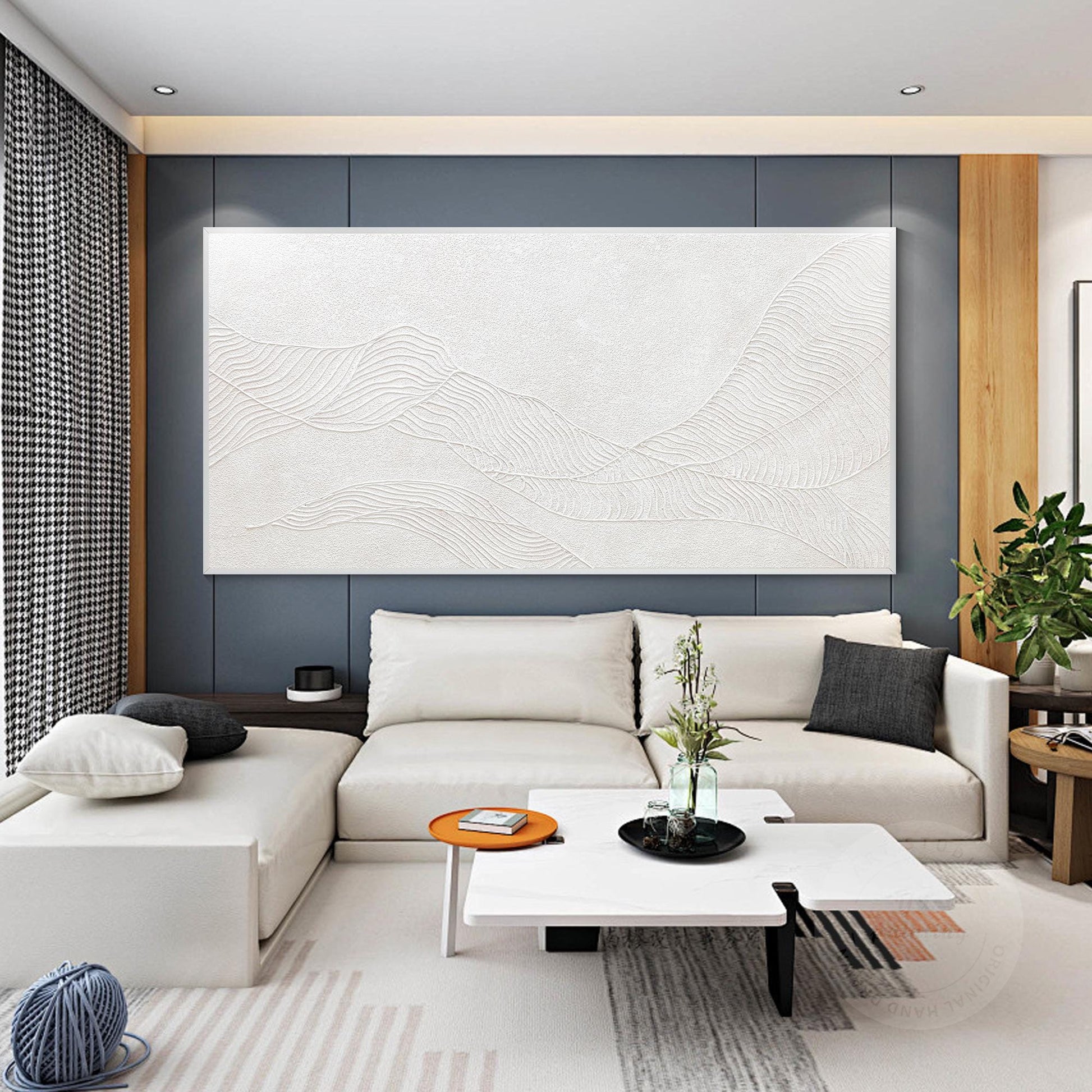 Witte bergschildering met 3D-structuur: abstracte, minimalistische oversized muu #5