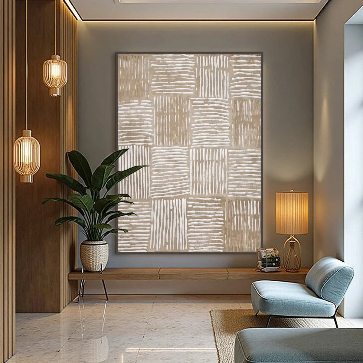 WOVEN RHYTHM | gold frame stretched on neutral wall