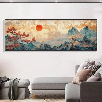 ZEN MOUNTAIN SUNSET PANORAMIC | Landscape closeup, raised brushwork detail