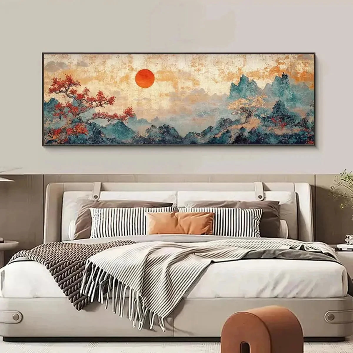 ZEN MOUNTAIN SUNSET PANORAMIC | gold frame stretched on neutral wall
