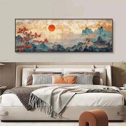 ZEN MOUNTAIN SUNSET PANORAMIC | gold frame stretched on neutral wall