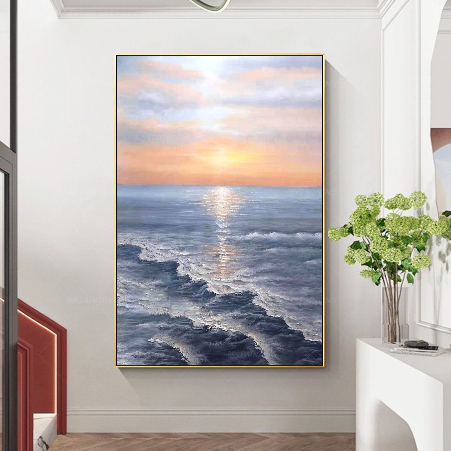 Zonsopgang schilderij zee golf textuur muur kunst, oceaan schilderij verticale m #2