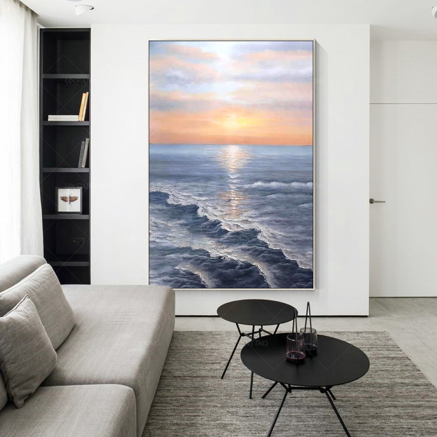 Zonsopgang schilderij zee golf textuur muur kunst, oceaan schilderij verticale m #3