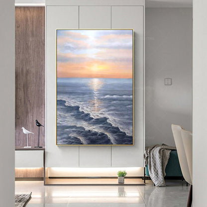 Zonsopgang schilderij zee golf textuur muur kunst, oceaan schilderij verticale m #4