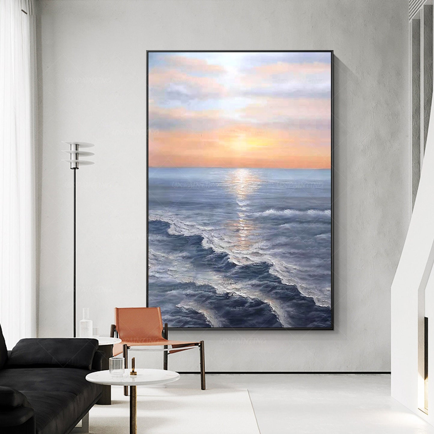 Zonsopgang schilderij zee golf textuur muur kunst, oceaan schilderij verticale m #5