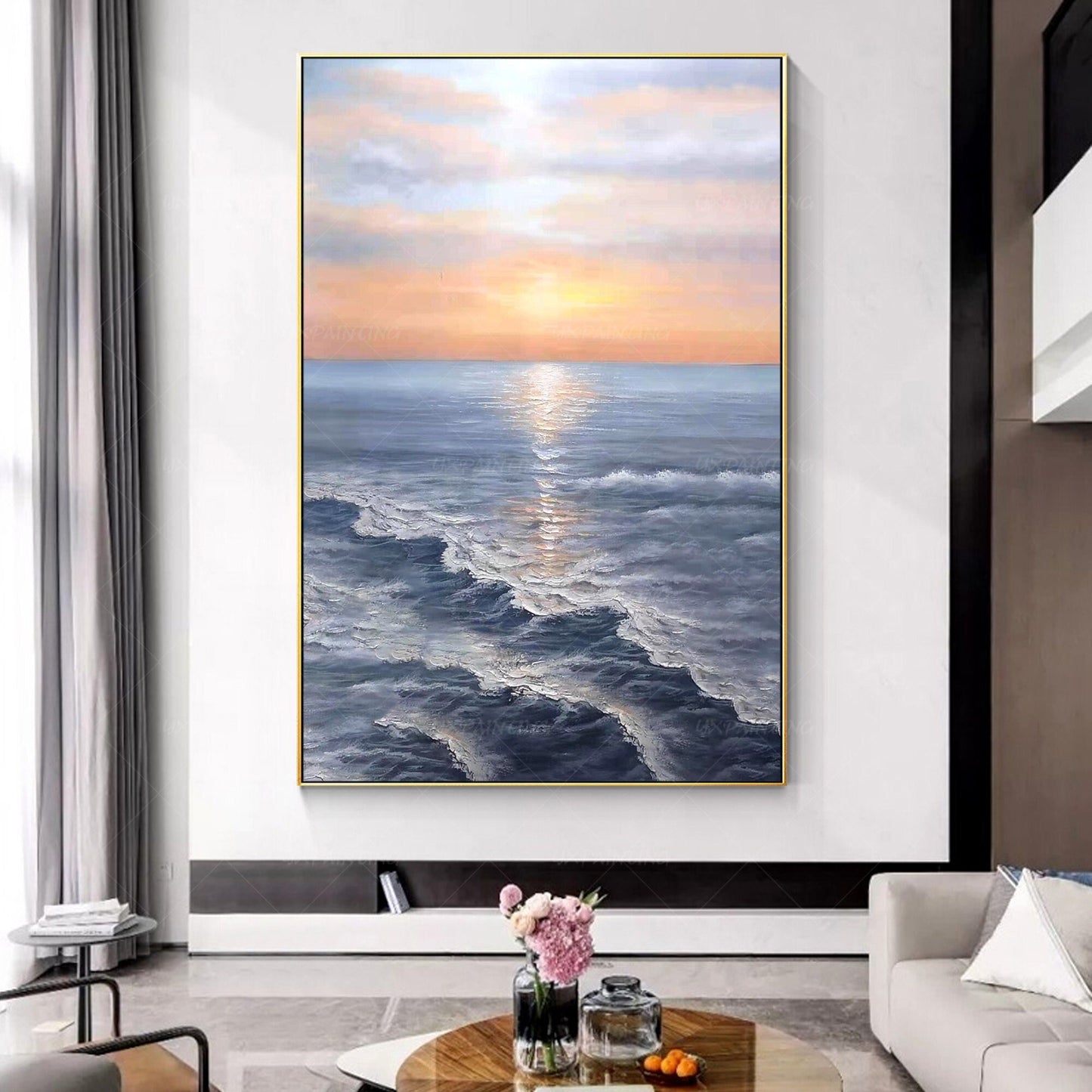 Zonsopgang schilderij zee golf textuur muur kunst, oceaan schilderij verticale m #1