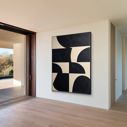 Zwartbeige geometrisch schilderij op canvas: extra grote minimalistische muurkun #11