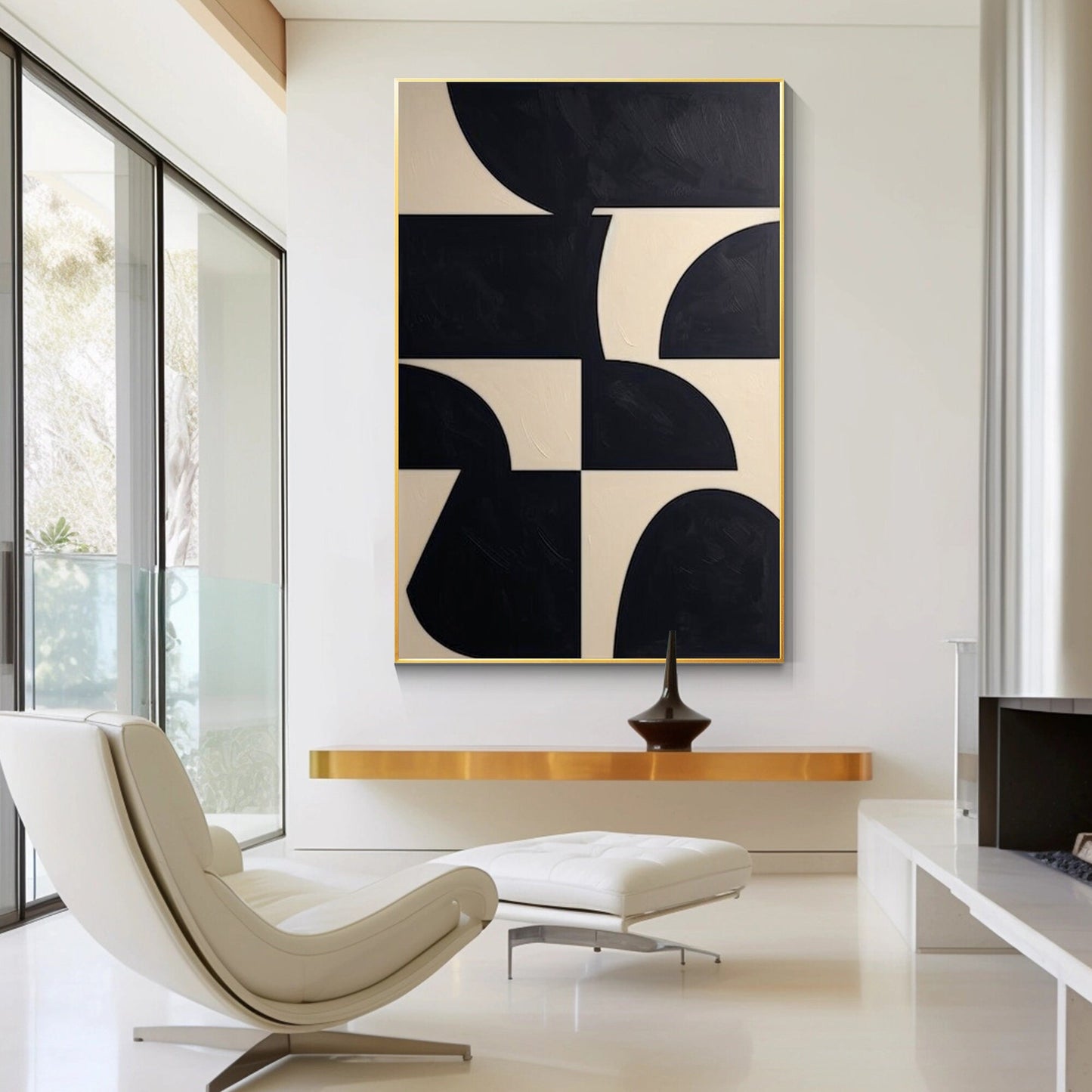 Zwartbeige geometrisch schilderij op canvas: extra grote minimalistische muurkun #12