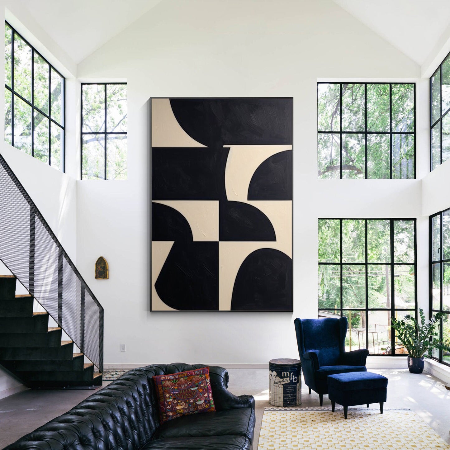 Zwartbeige geometrisch schilderij op canvas: extra grote minimalistische muurkun #15
