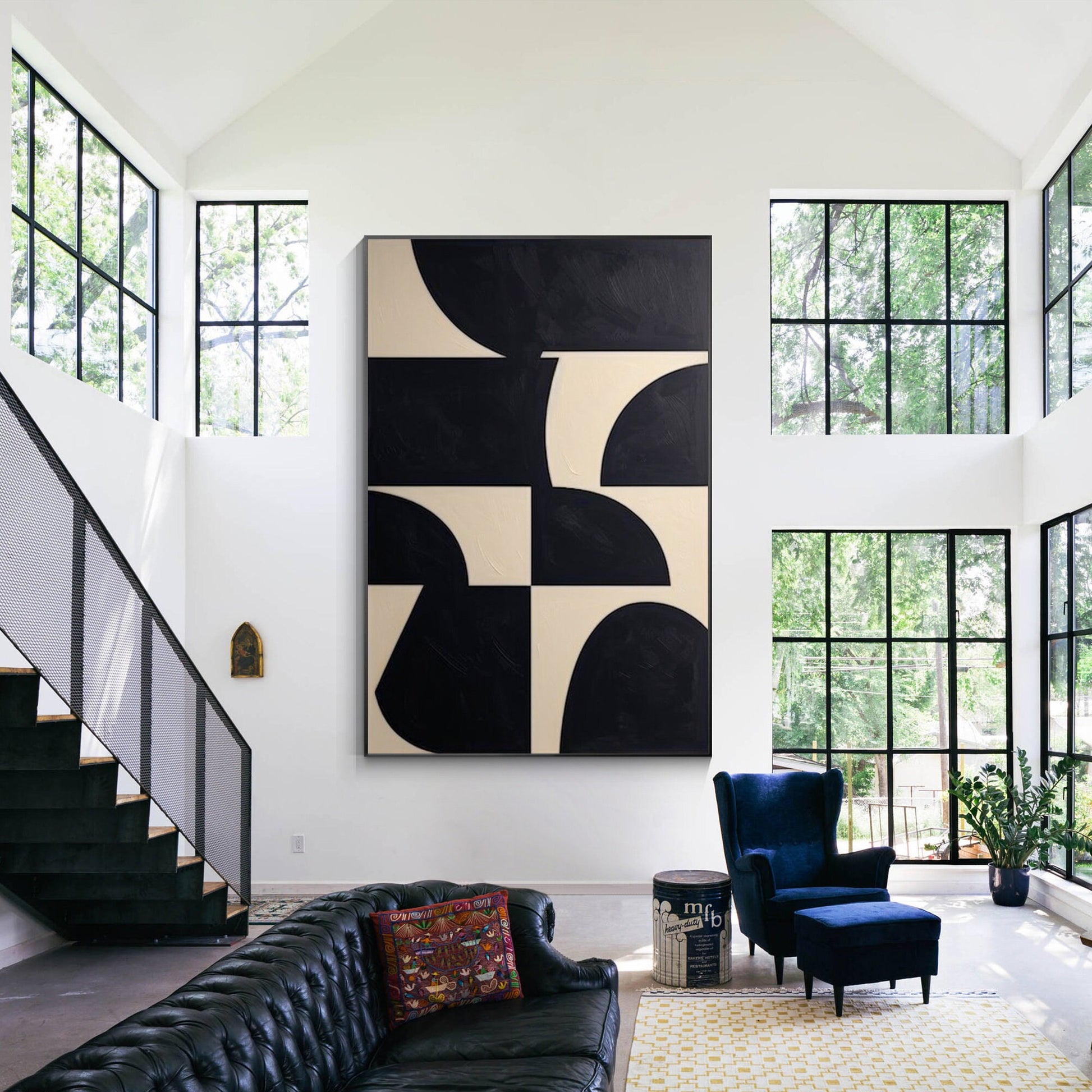 Zwartbeige geometrisch schilderij op canvas: extra grote minimalistische muurkun #15