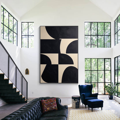 Zwartbeige geometrisch schilderij op canvas: extra grote minimalistische muurkun #15