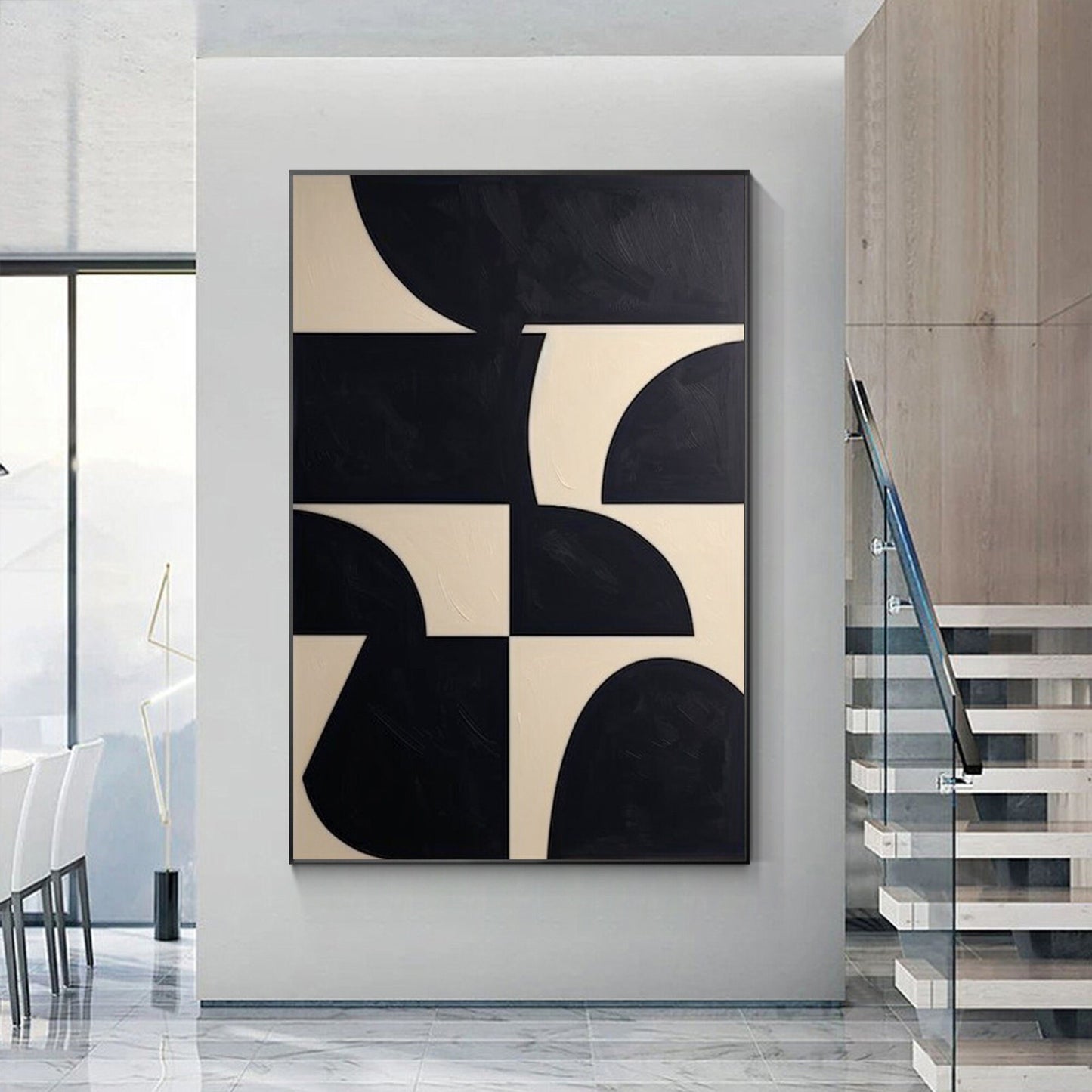 Zwartbeige geometrisch schilderij op canvas: extra grote minimalistische muurkun #4
