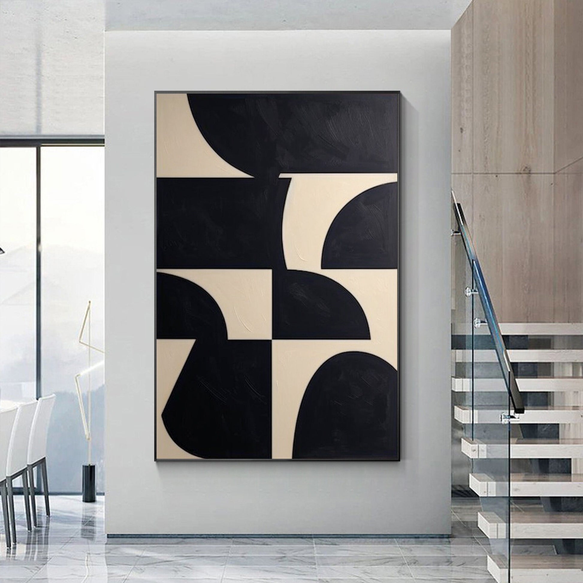 Zwartbeige geometrisch schilderij op canvas: extra grote minimalistische muurkun #4