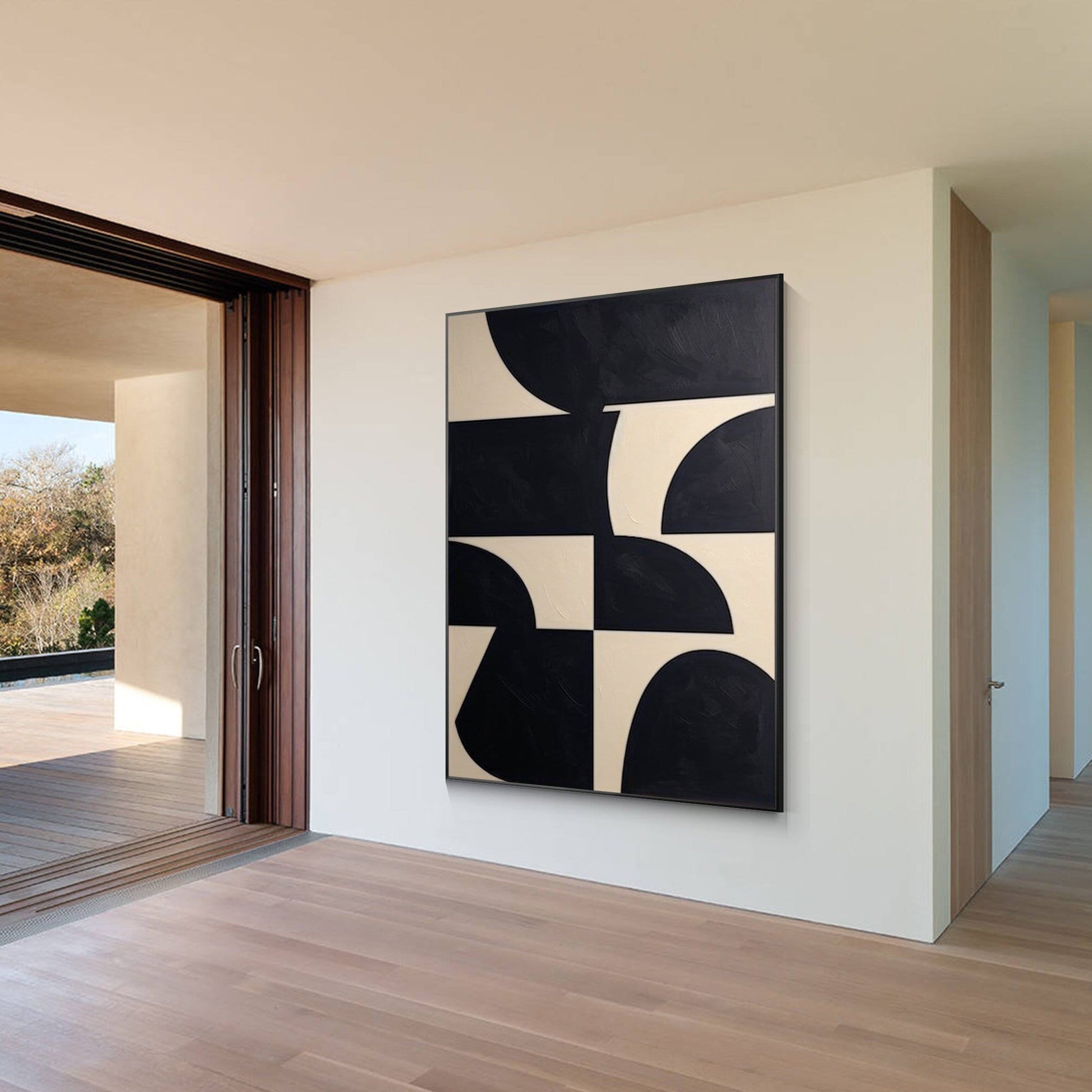 Zwartbeige geometrisch schilderij op canvas: extra grote minimalistische muurkun #1